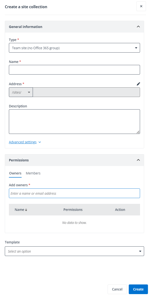 Create a site collection panel.