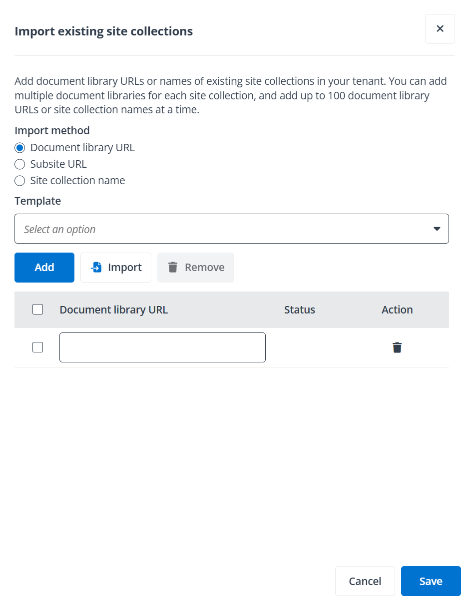 Import existing site collections panel.