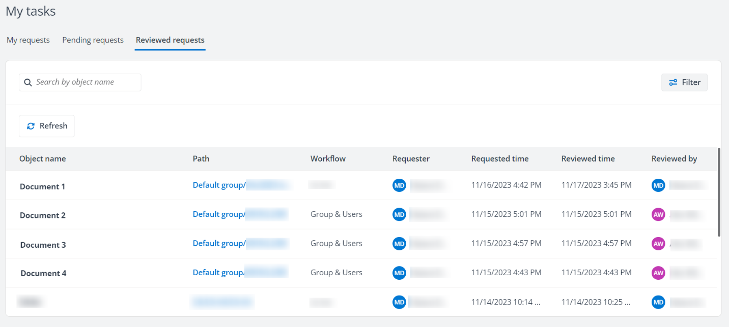 Reviewed requests tab.