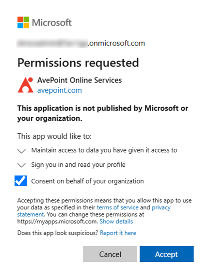 Permissions requested page.
