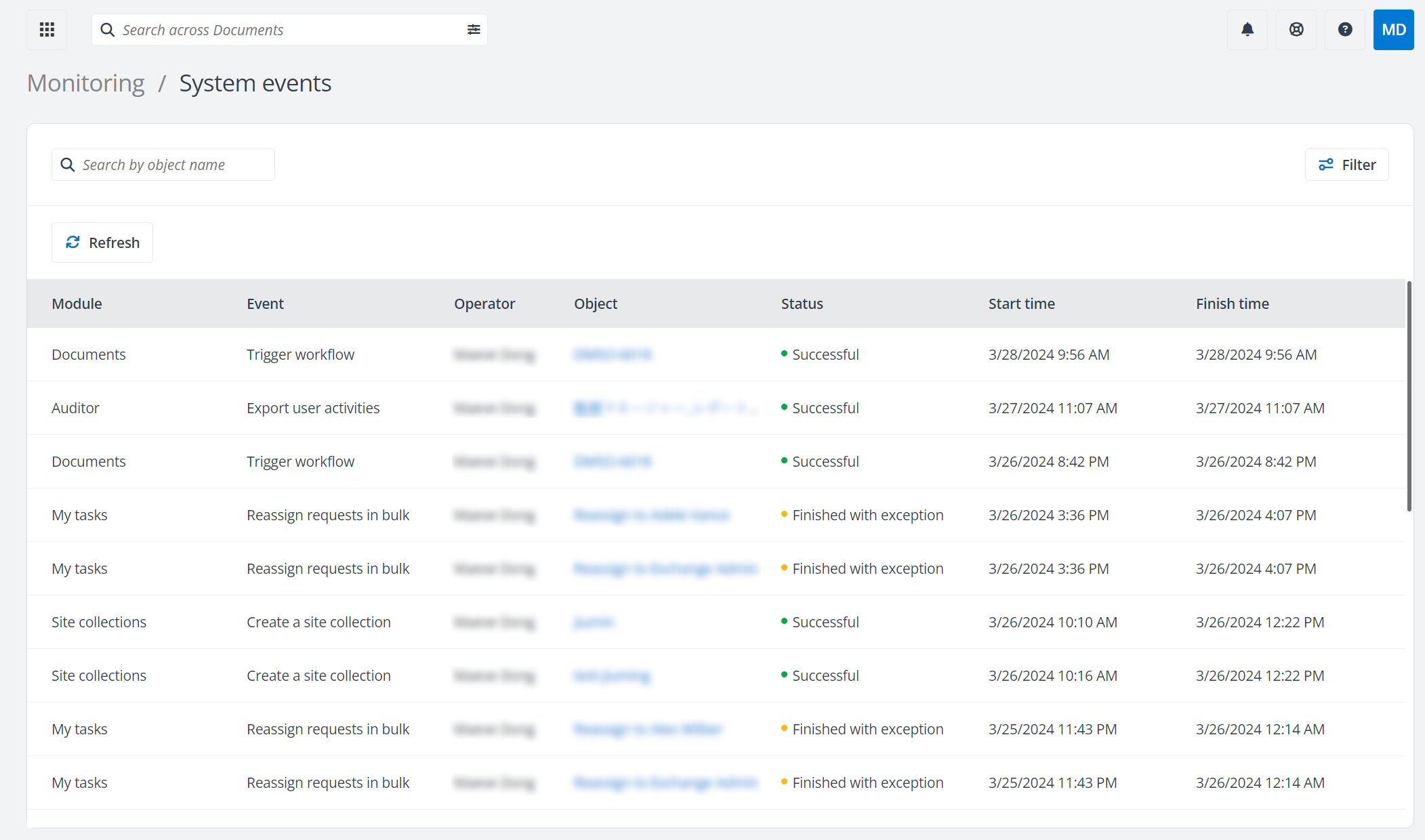 The System events page.