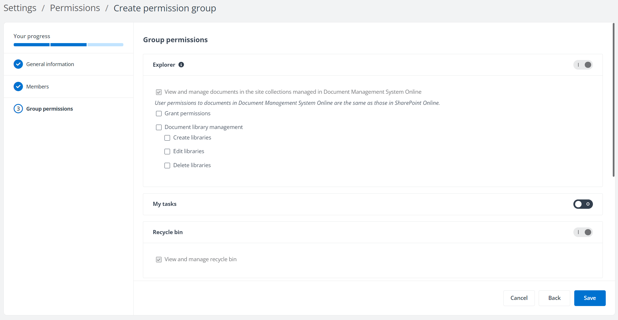 Group permissions step.