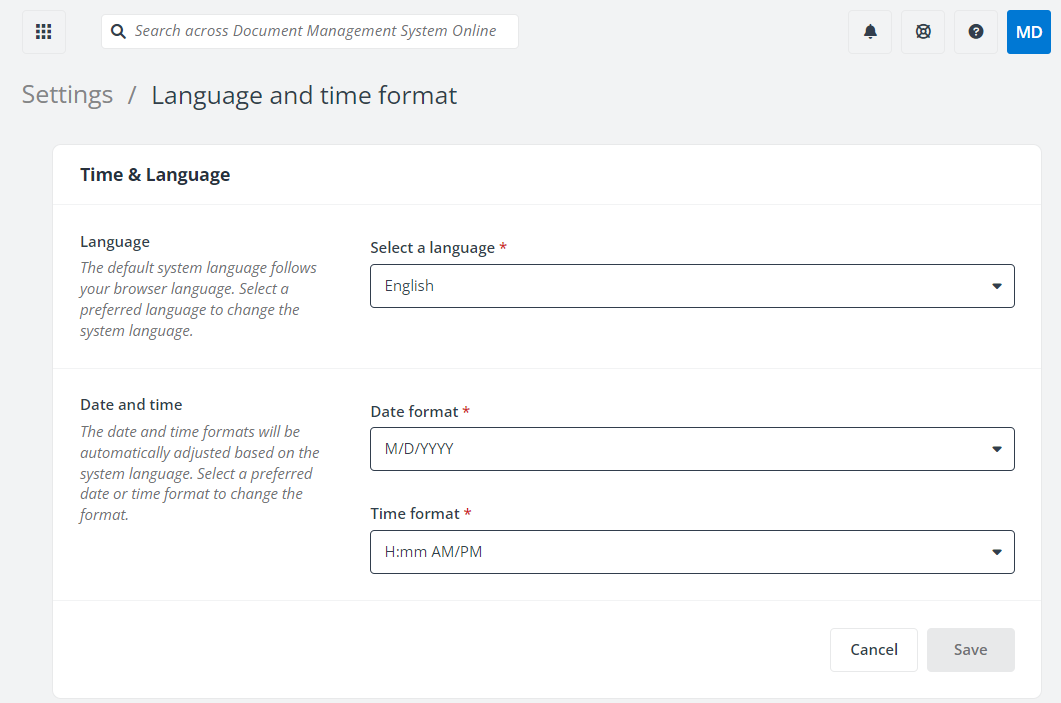 Language and time format settings.