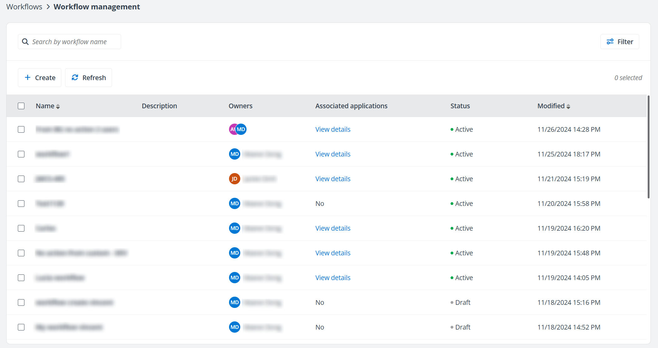 Workflows management page.