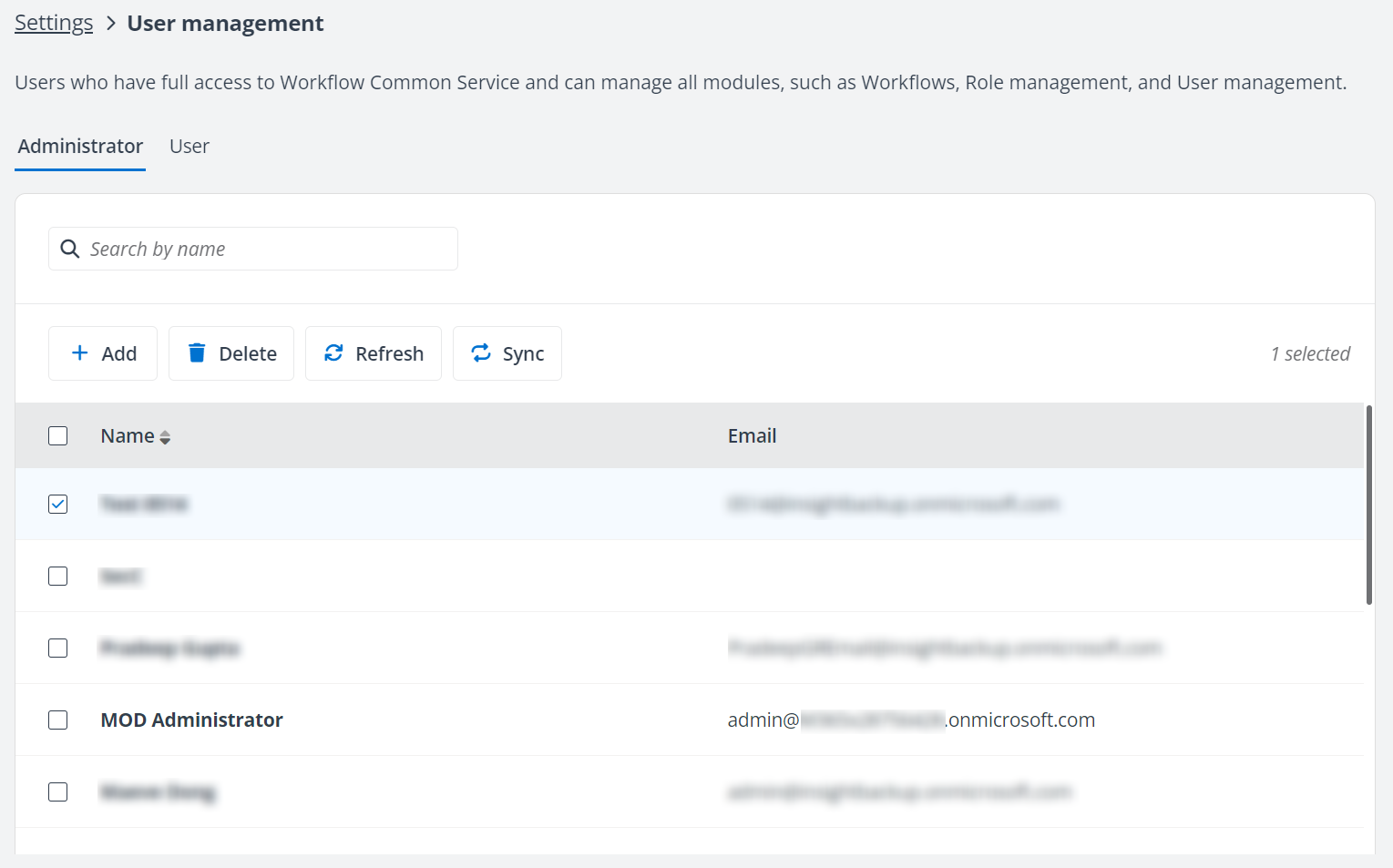 User management page.