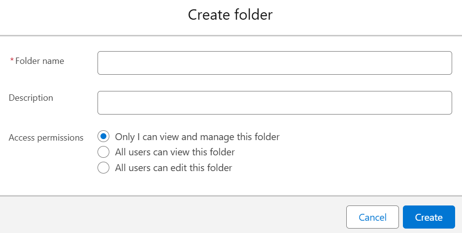 Create folder panel in Salesforce app.