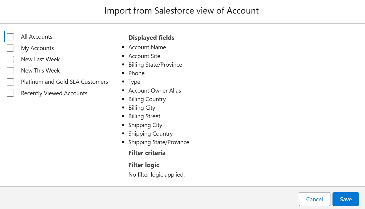 Object views window in Salesforce app.