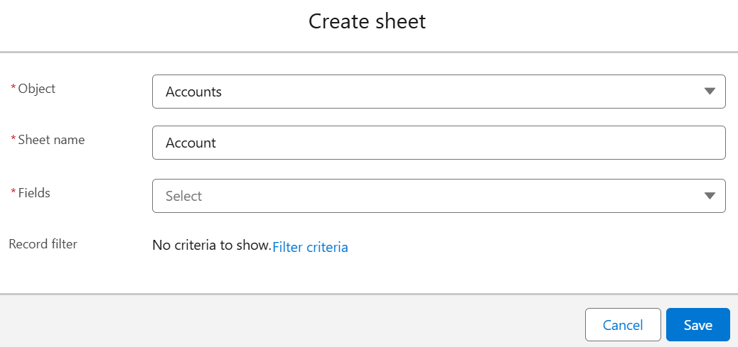 Create sheet window in Salesforce app.