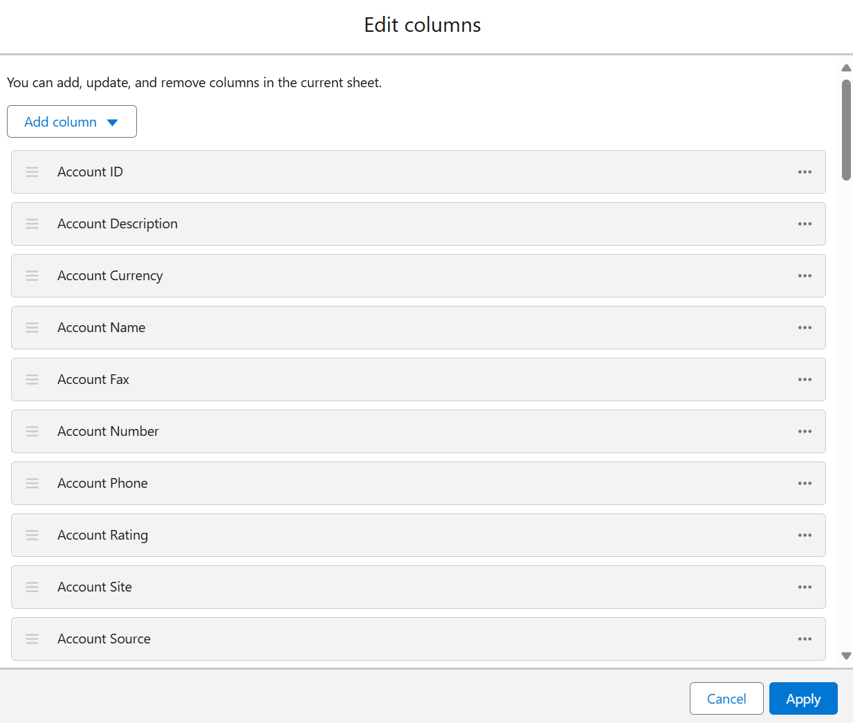 Edit columns window in Salesforce app.