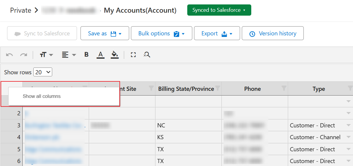 Show all columns in Salesforce app.