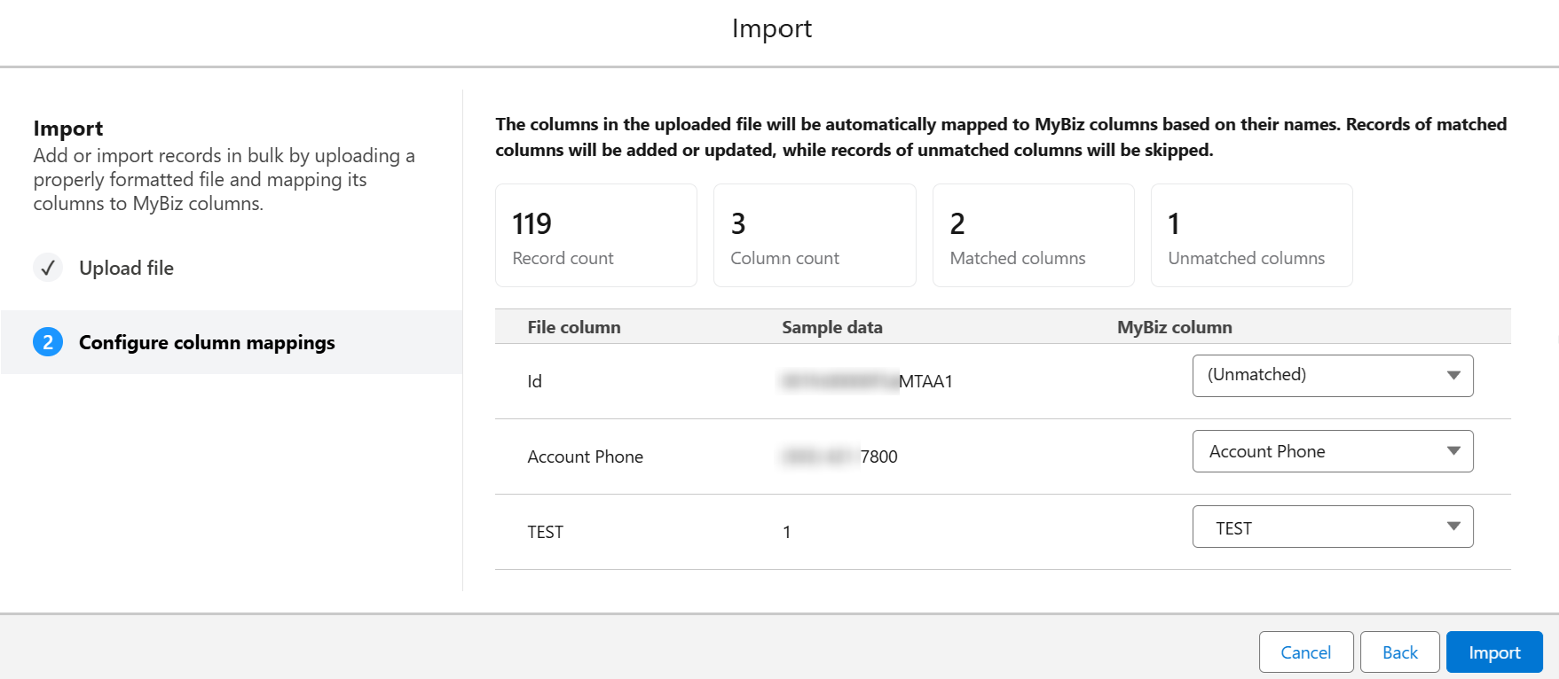 Configure column mappings in Salesforce app.