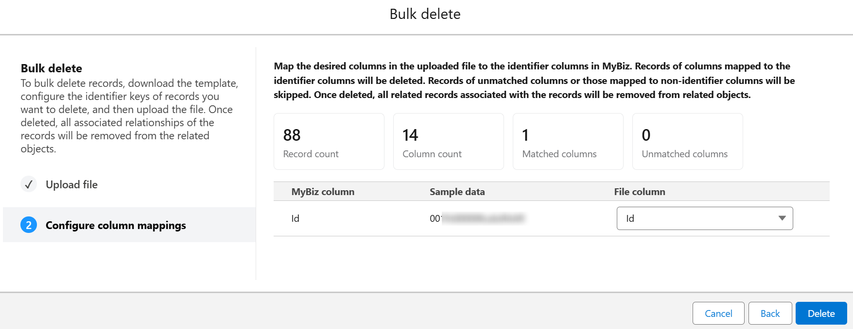 Configure column mappings in Salesforce app.