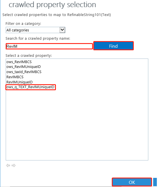 Find and select the ows_q_TEXT_RevIMUniqueID property.