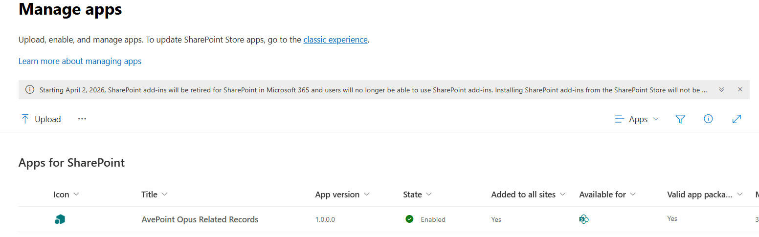 The Manage apps page.