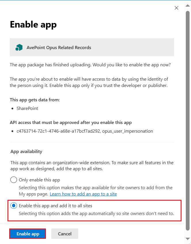 The Enable app panel.