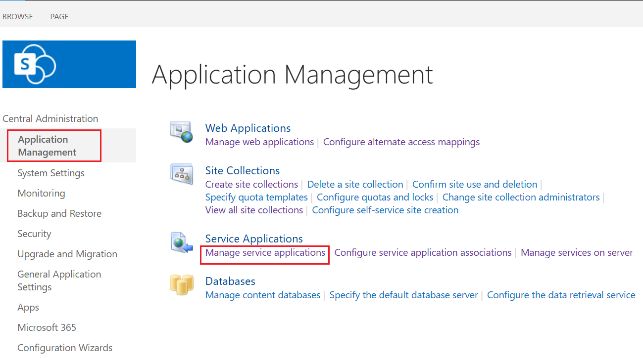 Click Application Management > Manage Service Applications