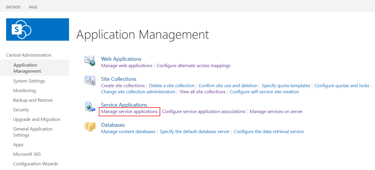 Click App Management > Manage service applications.