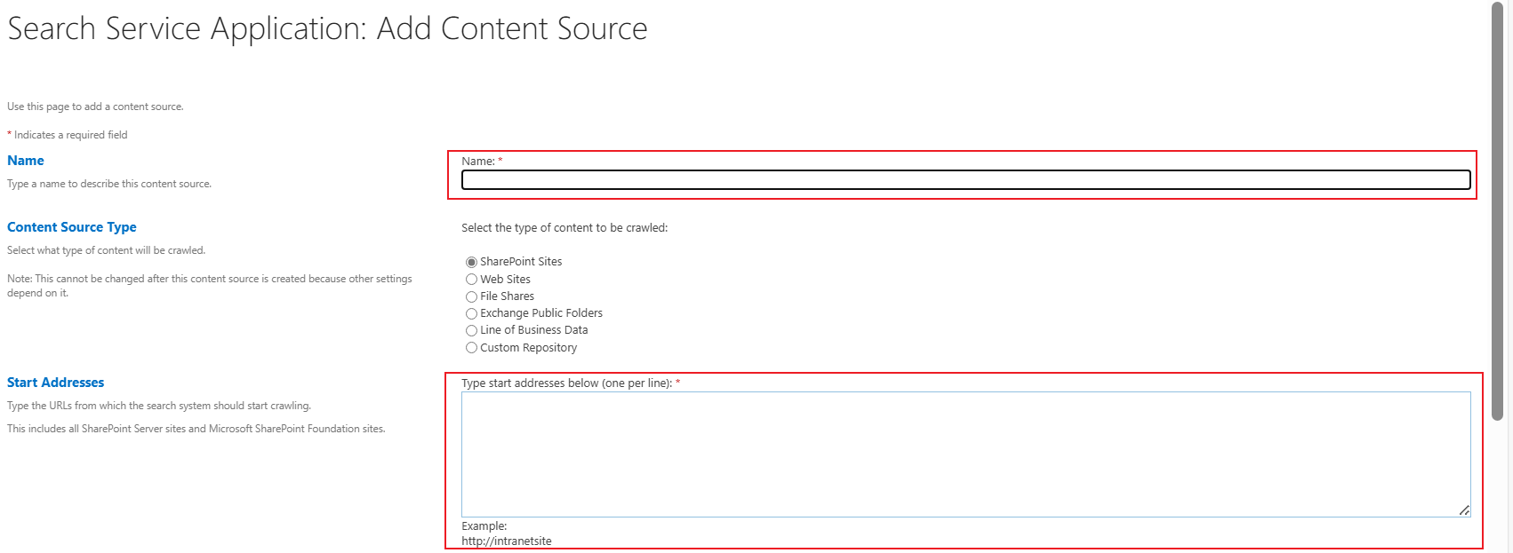 The Add Content Source page