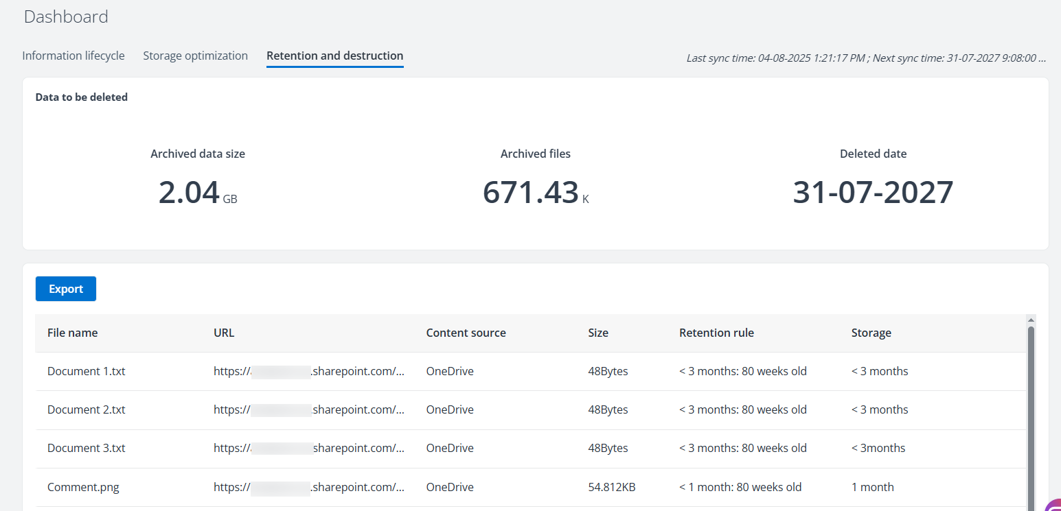 The retention and destruction dashboard.