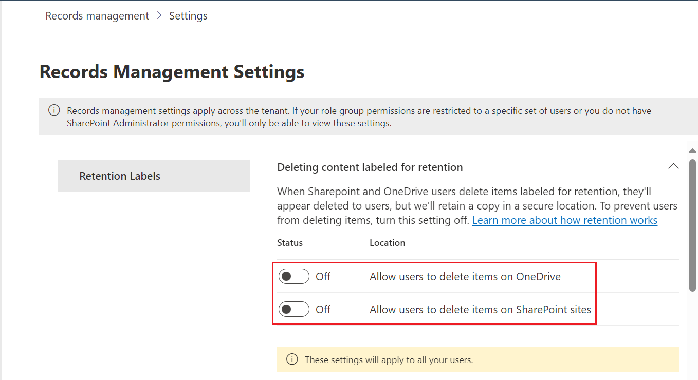 Records Management Settings