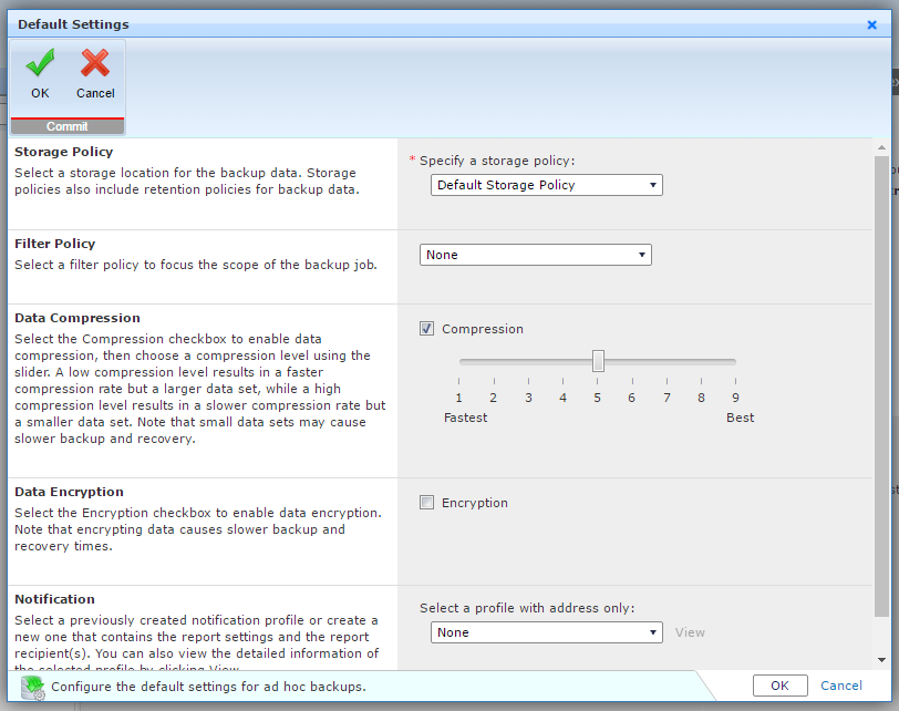 Exchange Online Backup Default Settings.