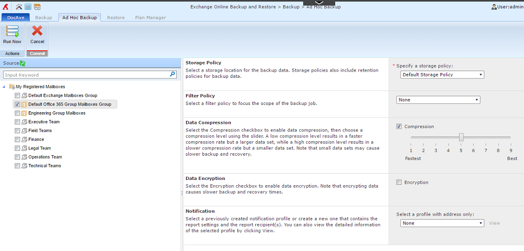 Exchange Online Ad Hoc Backup Page.
