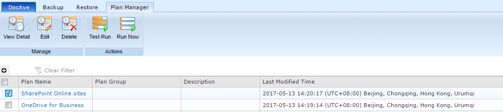 The Plan Manager page. The Plan Manager page.