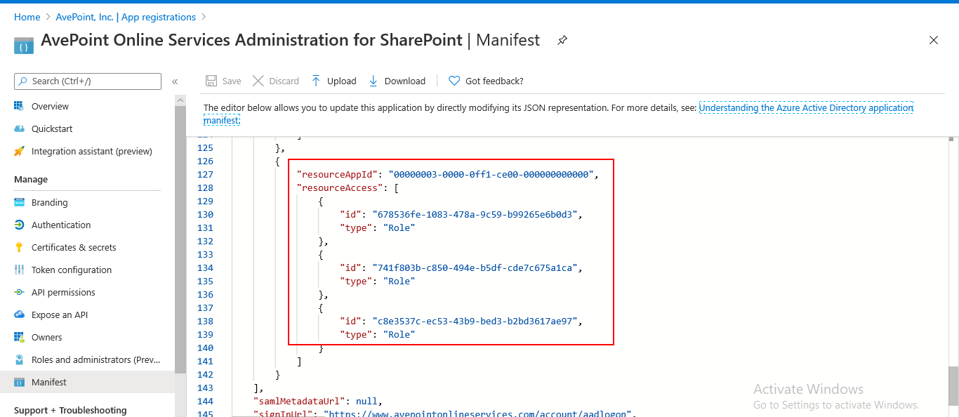 Granting permissions on the Manifest page.
