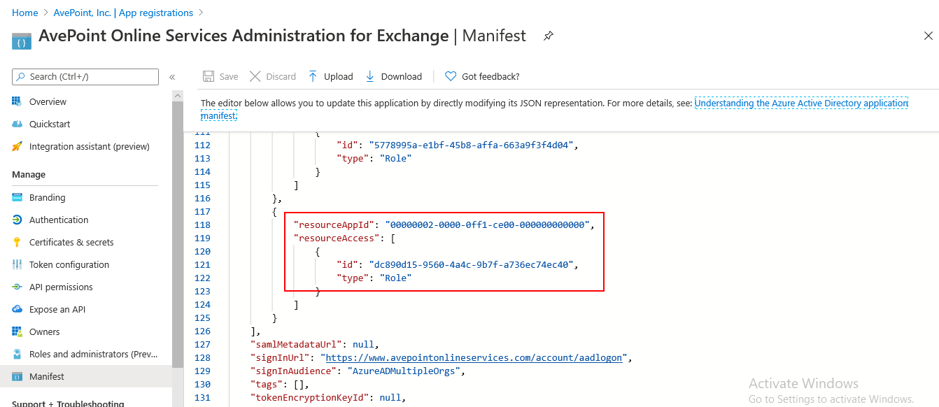 Granting permissions on the Manifest page.