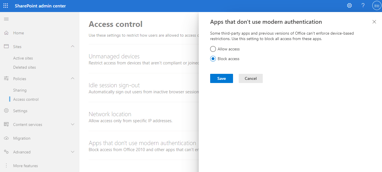 Block access from apps that do not use modern authentication