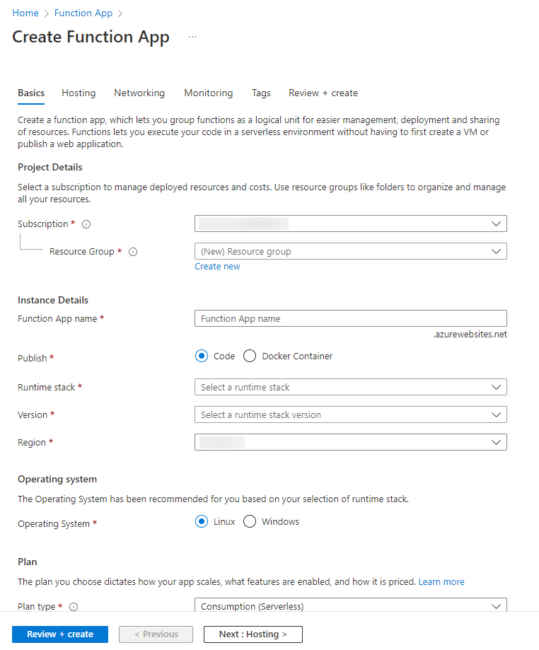 The Create Function App page.