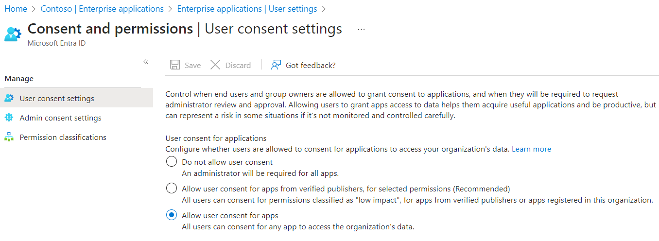 User consent settings page.