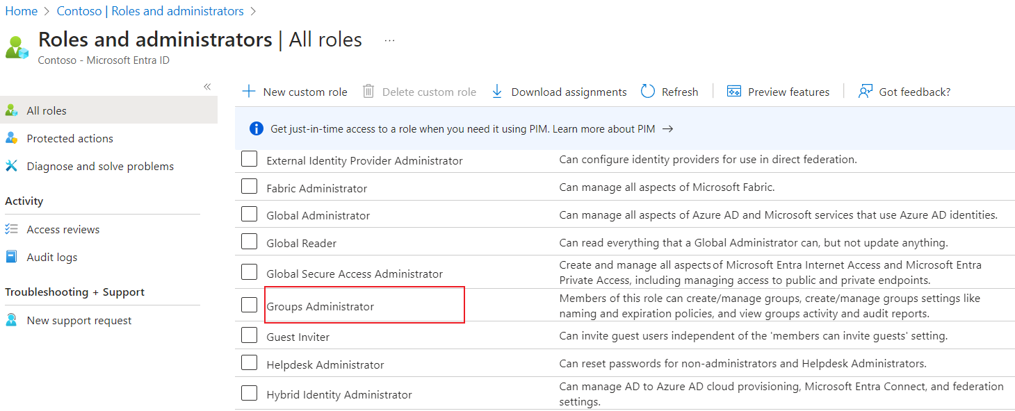 Clicking the Groups Administrator role.