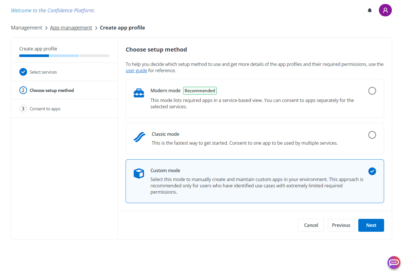 Choose the custom mode.
