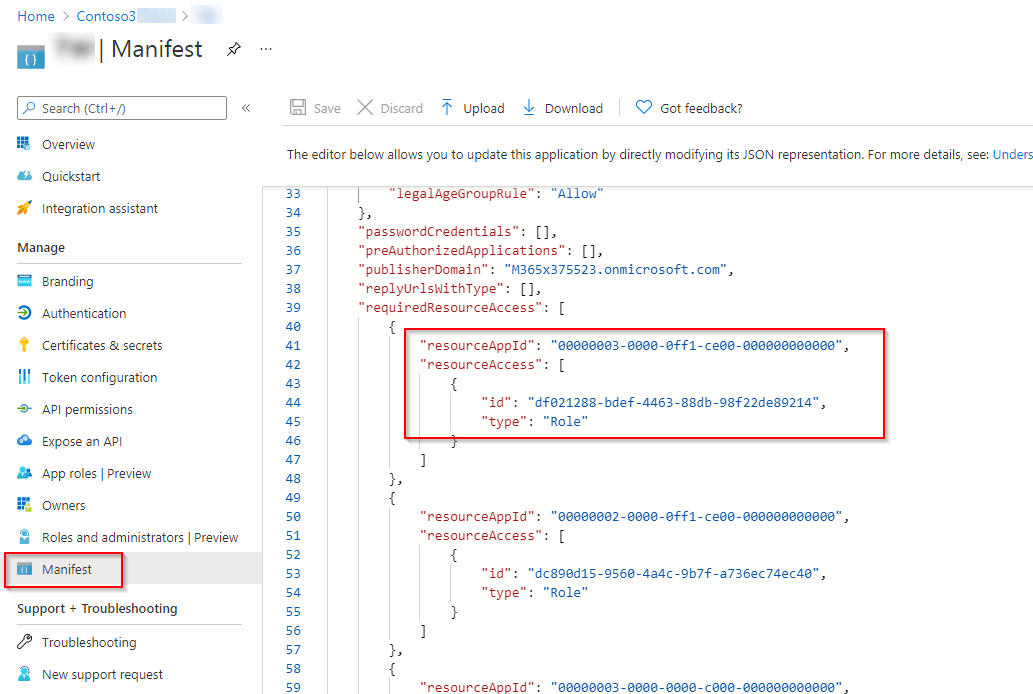 Grant permissions on the Manifest page.