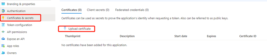 Clicking Upload certificate.