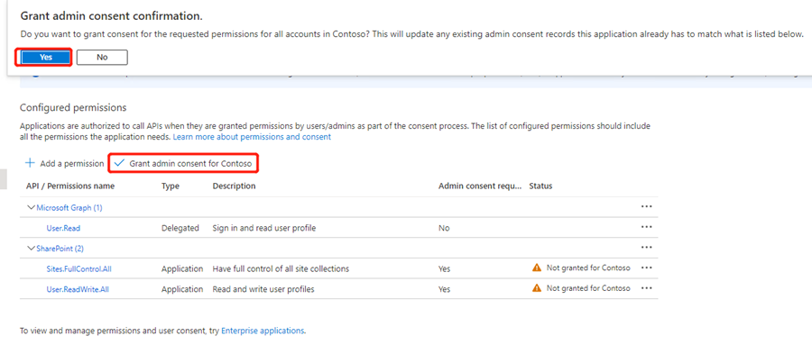 Click Grant admin consent for Contoso. 