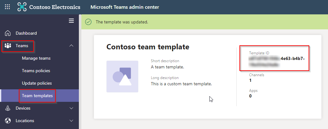 Copy the team template ID in the Microsoft Teams admin center.