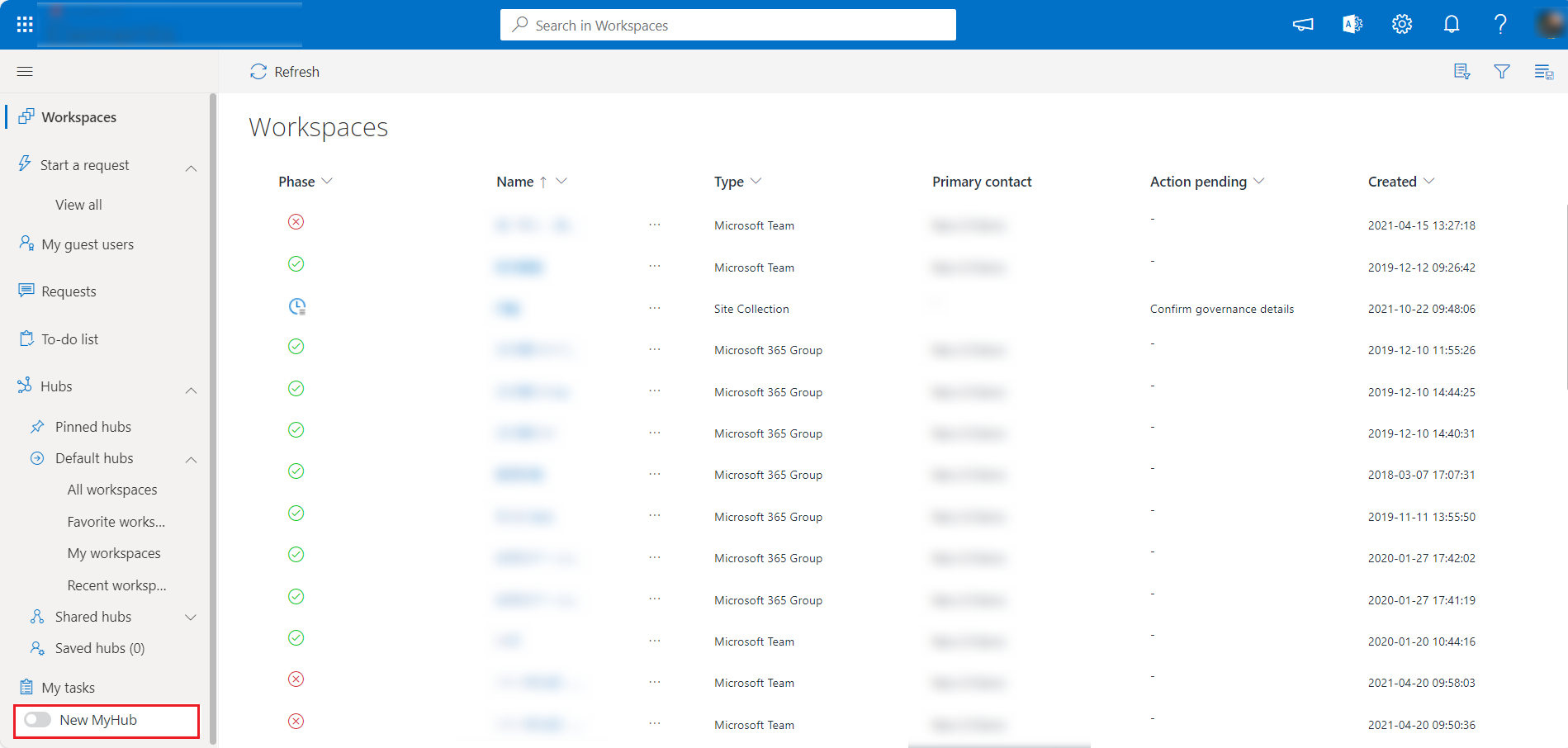 New MyHub switch in MyHub web portal.