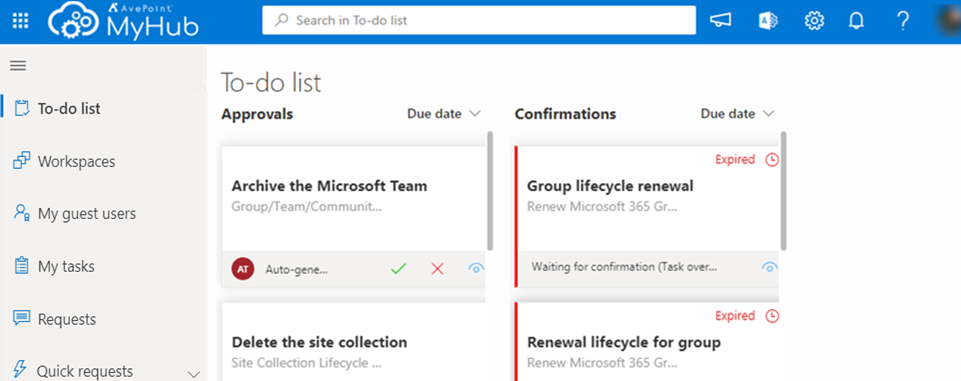 The AvePoint Cloud Governance Portal interface.
