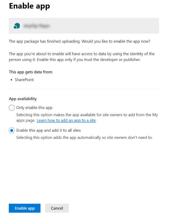The Enable app panel.