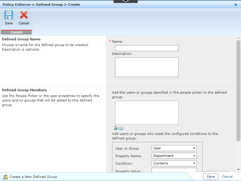 The Create a New Defined Group window.