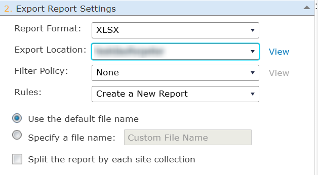 The Export Report Settings step.