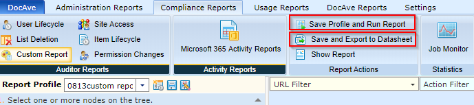 The actions on the ribbon to generate report. The actions on the ribbon to generate report.