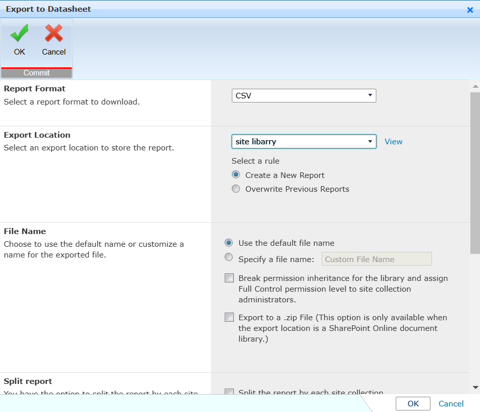 The Export to Datasheet window. The Export to Datasheet window.
