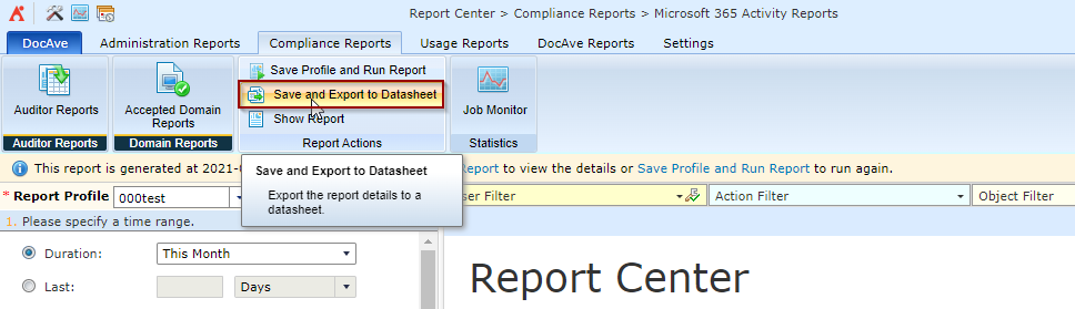 The Save and Export to Datasheet button on the ribbon.
