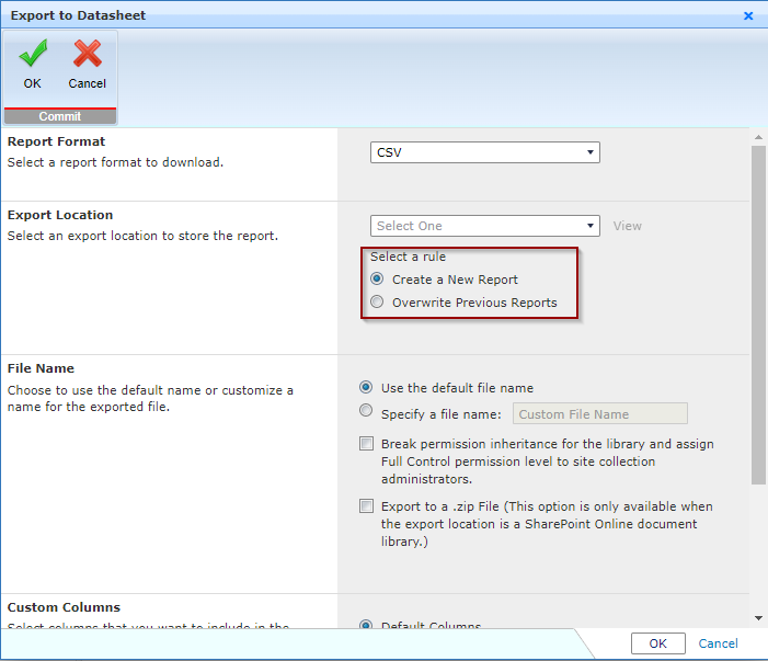 The Export Location field.