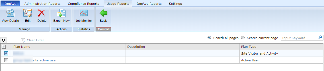 The Usage Reports Plan Manager page.