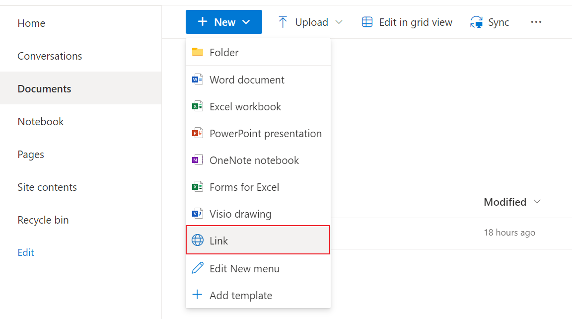 Add a link in a SharePoint library.