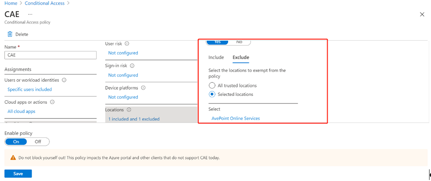 Excluding AOS reserved IP addresses from the Conditional Access policy based on CAE.